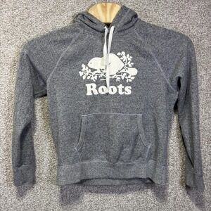Roots Hoodie Womens Small Gray Fleece Pullover Kangaroo Pocket Graphic Logo